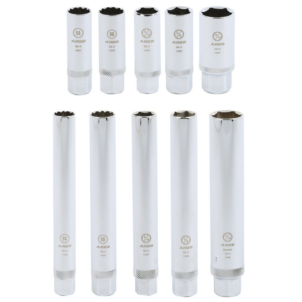 ARES 11025 - 10-Piece Extra Deep and Standard Length Spark Plug Socket Set