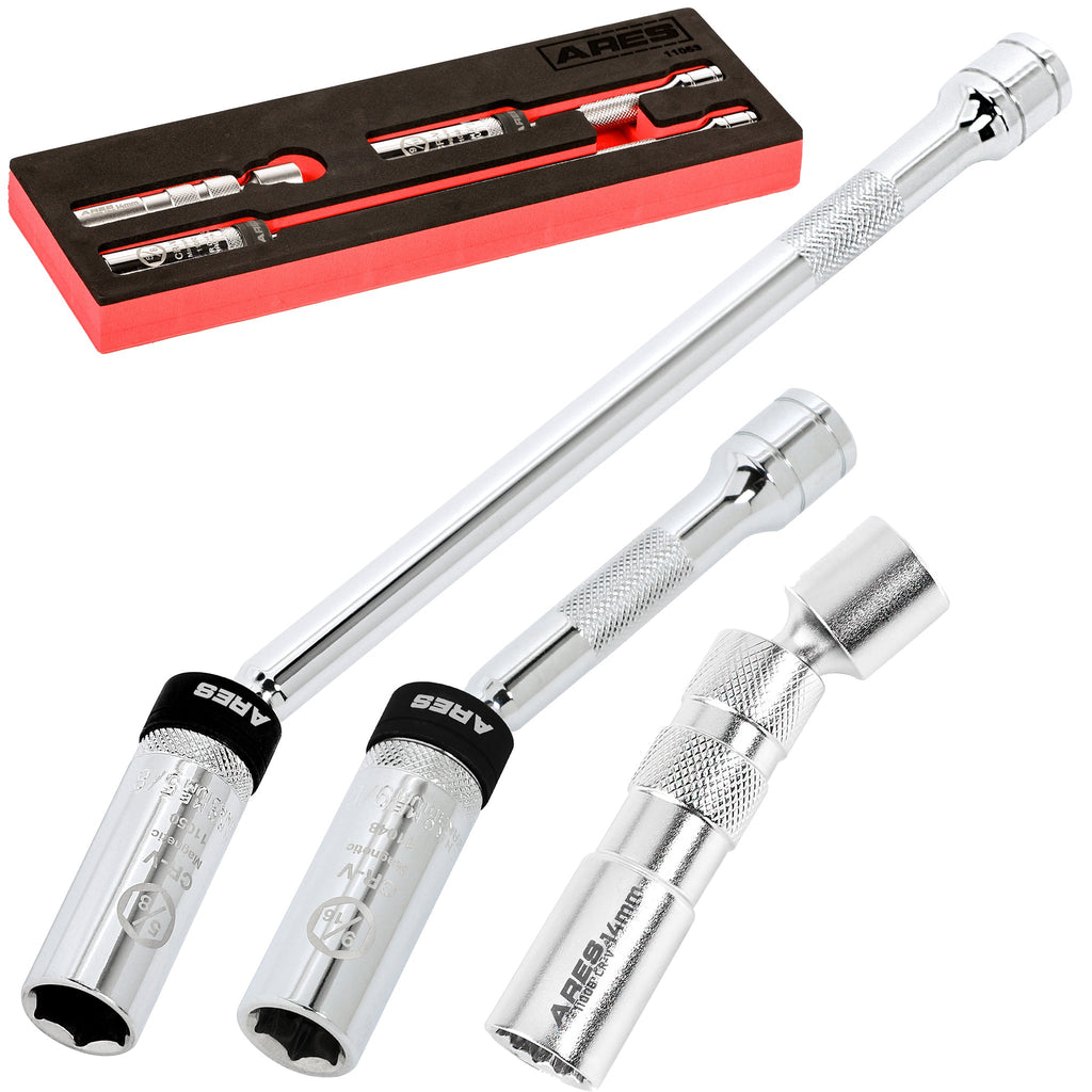 ARES 11053 - 3-Piece 3/8-Inch Drive Magnetic Swivel Spark Plug Socket Set with Thin Wall and Extensions