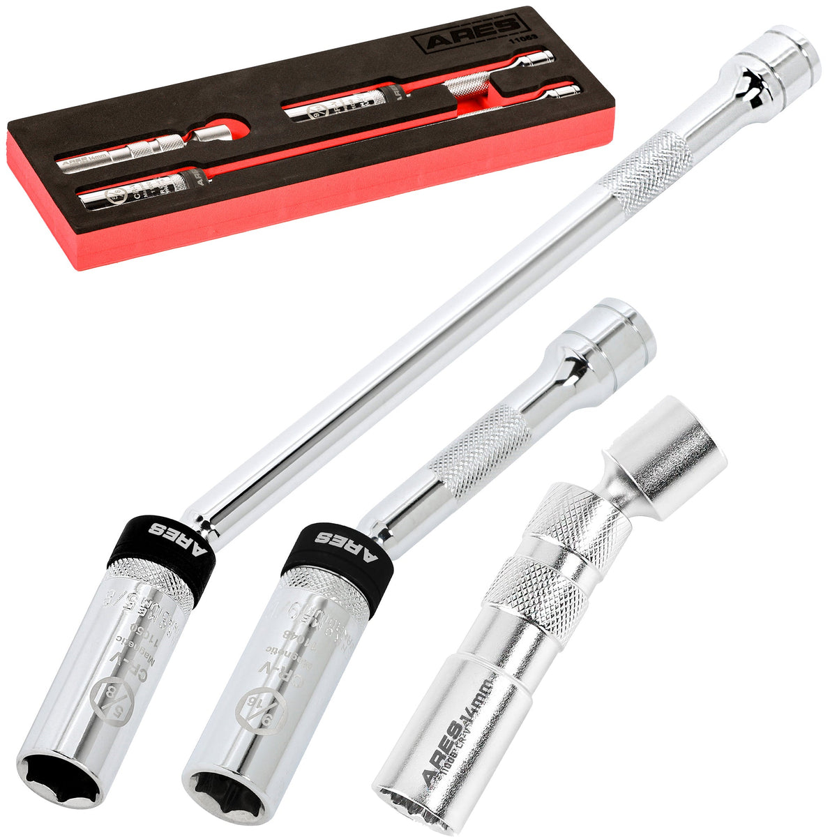 ARES 11053 - 3-Piece 3/8-Inch Drive Magnetic Swivel Spark Plug Socket Set with Thin Wall and Extensions