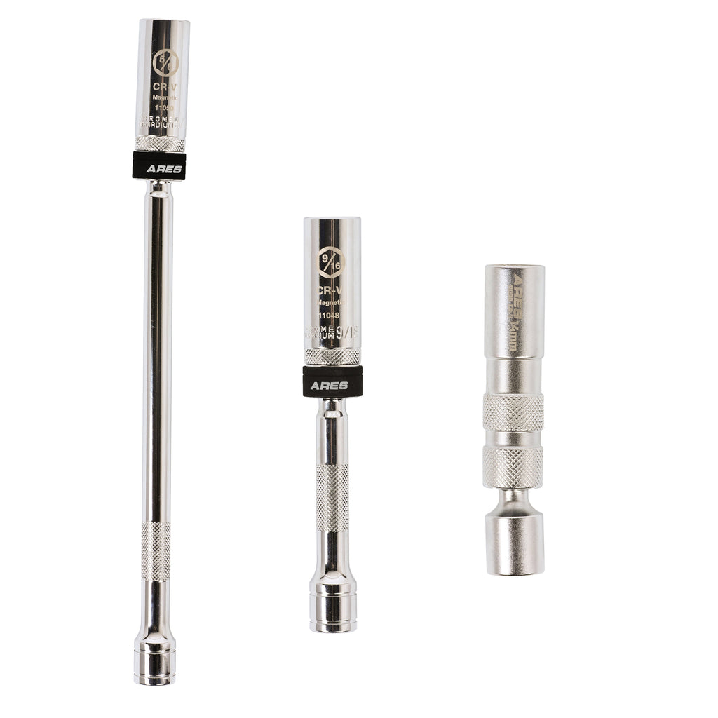 ARES 11053 - 3-Piece 3/8-Inch Drive Magnetic Swivel Spark Plug Socket Set with Thin Wall and Extensions