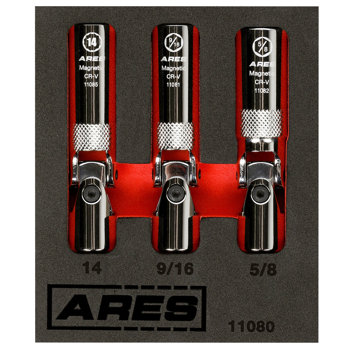 ARES 11080 - 3-Piece Spring Loaded Universal Joint Magnetic Spark Plug Socket Set