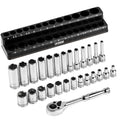ARES 47003 - 28-Piece 1/4-inch Drive Metric Socket and 90-Tooth Ratchet Set with Magnetic Organizer