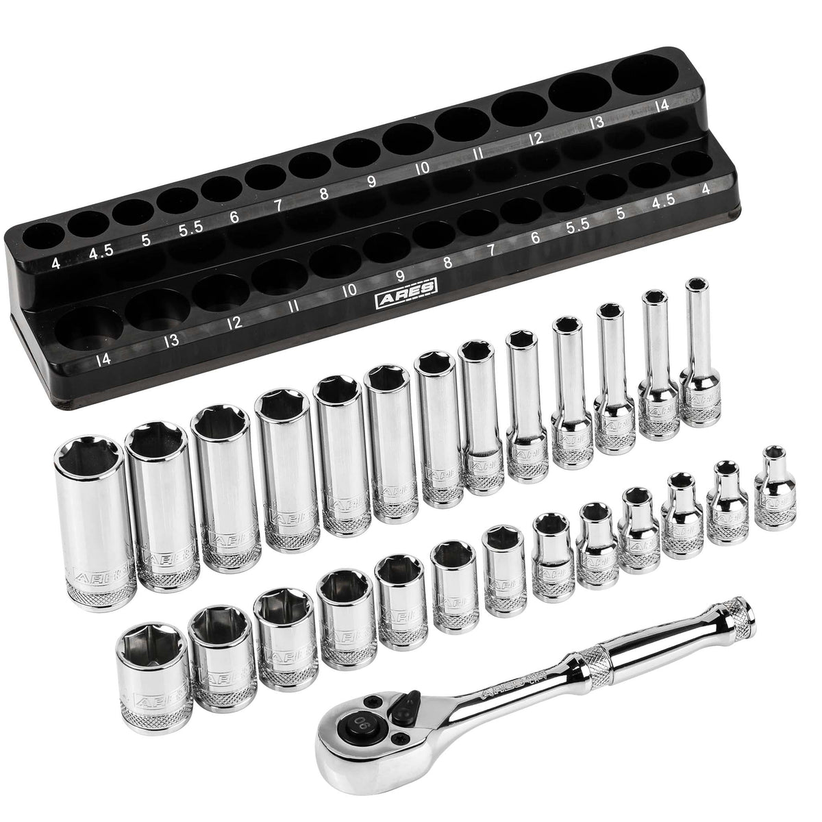 ARES 47003 - 28-Piece 1/4-inch Drive Metric Socket and 90-Tooth Ratchet Set with Magnetic Organizer