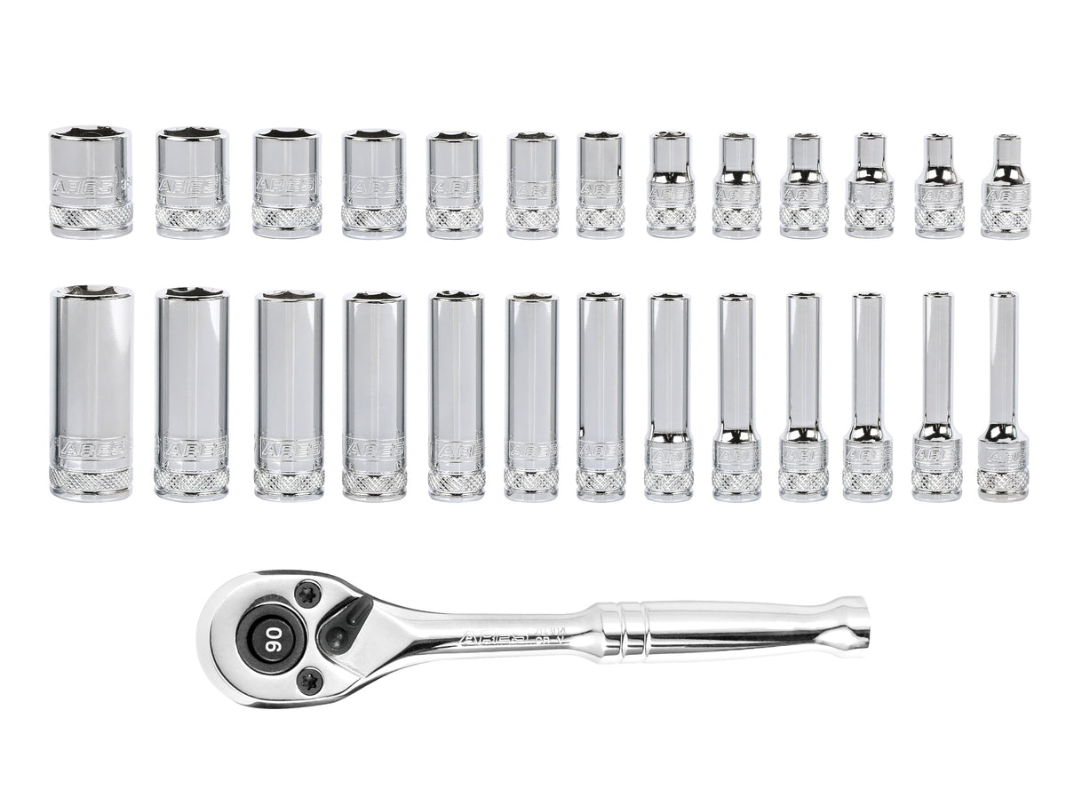 ARES 47003 - 28-Piece 1/4-inch Drive Metric Socket and 90-Tooth Ratchet Set with Magnetic Organizer